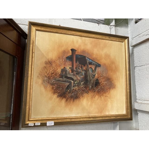 428 - Framed oil on canvas of a Traction Engine, signed to bottom right Weston 1976 69 x 59cm