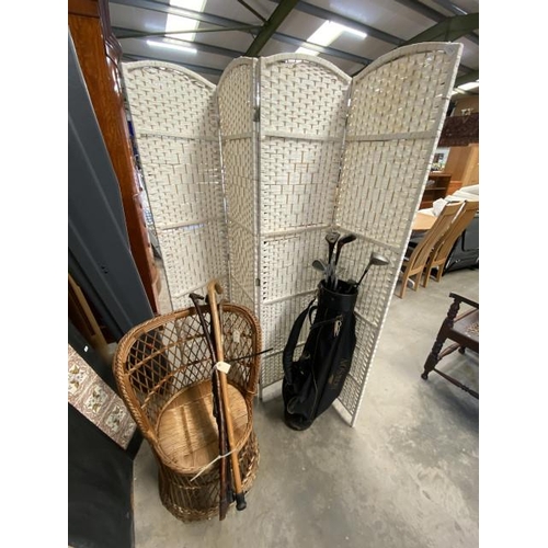 45 - Vintage rattan bedroom chair 70H 48W , 4 fold dressing screen (each panel 168H 40W), golf clubs, wal... 