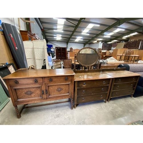 46 - Edwardian oak 3 drawer chest 86H 99W 48D, matching dressing table 147H 99W 48D and an oak 2 drawer/2... 