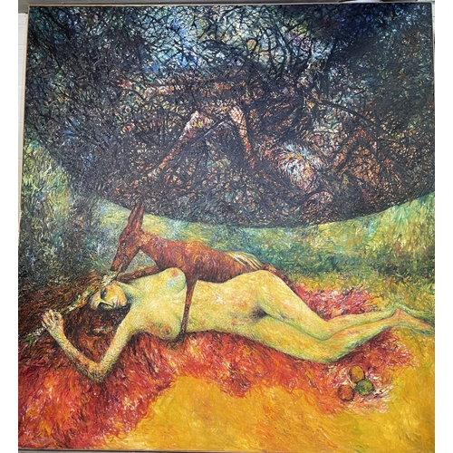 54 - Joseph Urie (b 1947) Scottish - Reclining nude with deer in a woodland glade. Signed and dated 1987 ... 