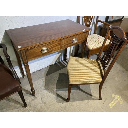 69 - Edwardian mahogany inlaid 2 drawer console table 78H 92W 49D with a mahogany inlaid Victorian desk c... 