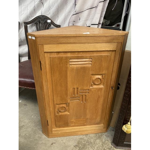 70 - Art Deco French oak corner cupboard (possibly by Charles Dudouyt) with one key 89H 64W 38D