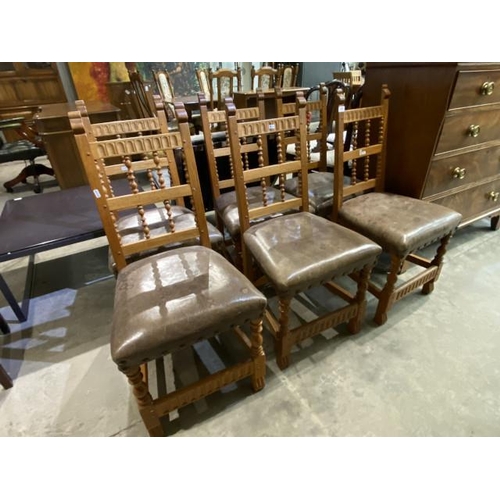 80 - 6 Nigel Griffiths of Derbyshire light oak 'No 79' spindle back chairs with leather seats, originally... 