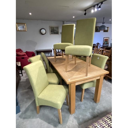 87 - Good quality oak extending dining table 78H 170-200-230W 90D and 8 green upholstered high back dinin... 