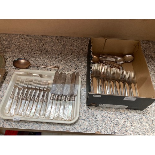 354 - Good selection of silver plated cutlery, W. & T Avery Ltd brass & mahogany beam postal scales, 3 min... 