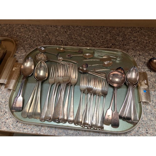 354 - Good selection of silver plated cutlery, W. & T Avery Ltd brass & mahogany beam postal scales, 3 min... 