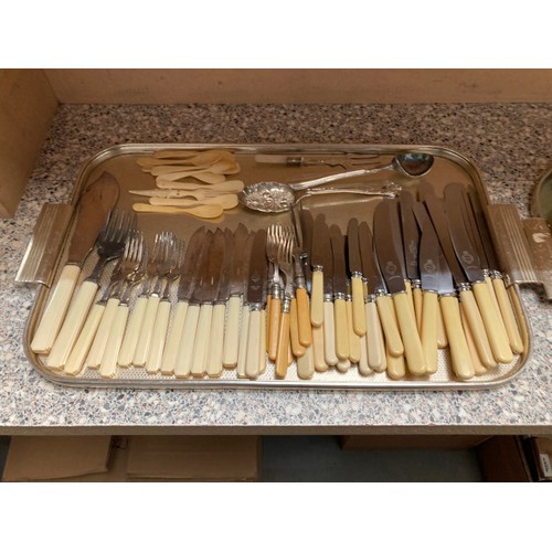 354 - Good selection of silver plated cutlery, W. & T Avery Ltd brass & mahogany beam postal scales, 3 min... 