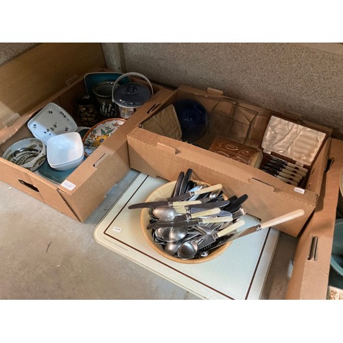 400 - 8 boxes of studio pottery, homeware's, mixed cutlery, glass inc. boxed Dartington pedestal bowl, wat... 