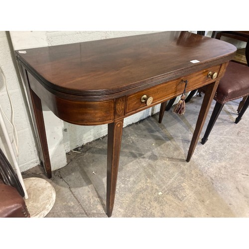 83 - Regency mahogany fold over table with one drawer and key 73H 99W 46D