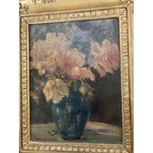 67 - Owen Bowen ROI, PRCamA (1873-1967) oil on panel 'Roses', signed to bottom left - panel size 28.5 x 2... 