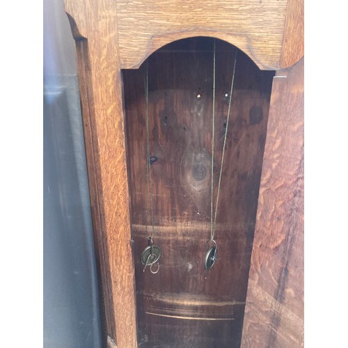 210 - Antique oak Grandfather 8 day long case clock, Burlingham with 2 weights, pendulum and winding key 2... 