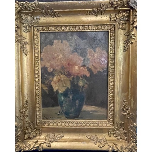 67 - Owen Bowen ROI, PRCamA (1873-1967) oil on panel 'Roses', signed to bottom left - panel size 28.5 x 2... 