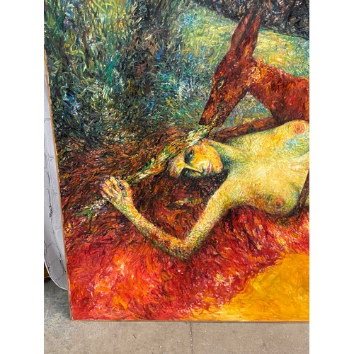 54 - Joseph Urie (b 1947) Scottish - Reclining nude with deer in a woodland glade. Signed and dated 1987 ... 