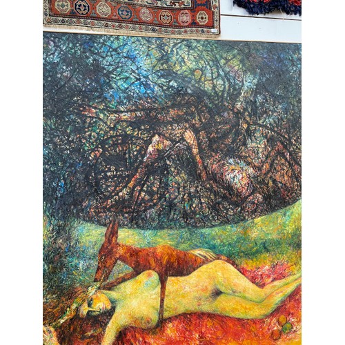 54 - Joseph Urie (b 1947) Scottish - Reclining nude with deer in a woodland glade. Signed and dated 1987 ... 