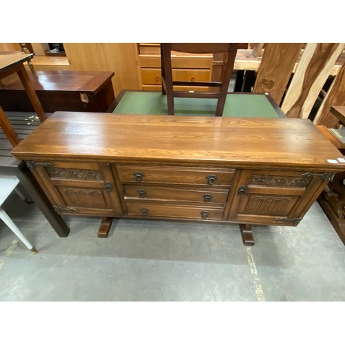 122 - Old Charm oak sideboard 82H 162W 45D and Old Charm oak draw leaf table 77H 137-214W 82D and 4 oak li... 