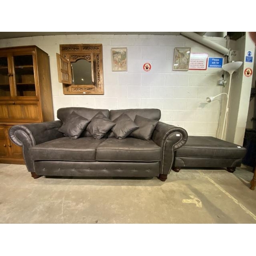 131 - Grey/black suede settee with button back detail 90H 220W 102D and a matching footstool 45H 102W 70D ... 