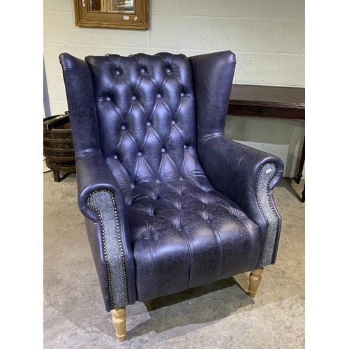 132 - Hand made Harris Tweed and blue leather button back Chesterfield wing armchair 110H 83W 80D (in exce... 