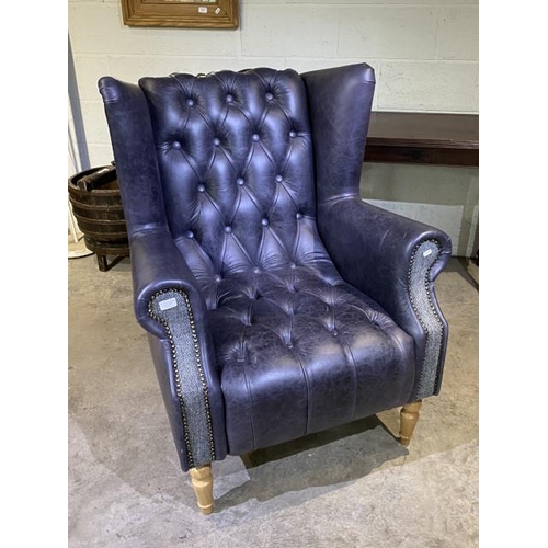 133 - Hand made Harris Tweed and blue leather button back Chesterfield wing armchair 110H 83W 80D (in exce... 