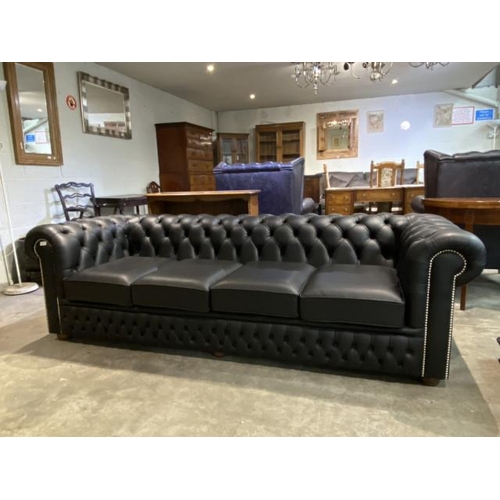 144 - Hand made black leather button back Chesterfield 4 seat settee 70H 235W 92D (in excellent condition)