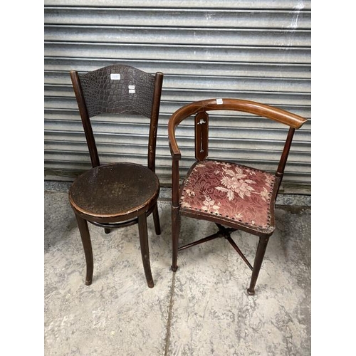 156 - Victorian mahogany inlaid corner chair 72H 58W and a vintage Bentwood chair 87H 36W