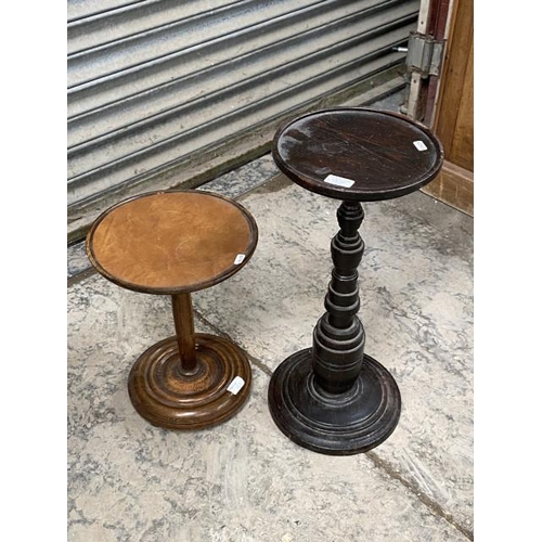 157 - 2 turned oak torchere's 57H 25cm diameter & 38H 29cm diameter