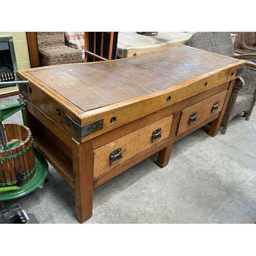 161 - Antique butchers block - double sided with 2 deep drawers (from the kitchens of Fowberry Tower, Chat... 