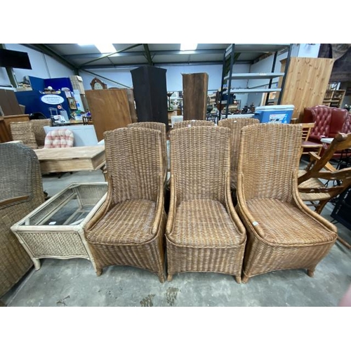 163 - 6 basket weave dining chairs 102H 50W 70D and a rattan coffee table 46H 68W 52D