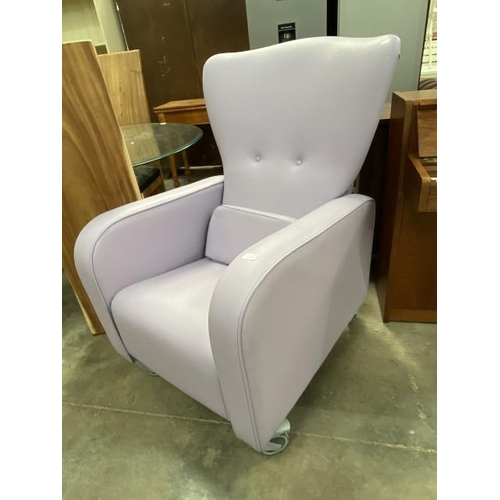 172 - Lilac faux leather armchair/wheelchair (with handle to back and wheels) 113H 70W 92D