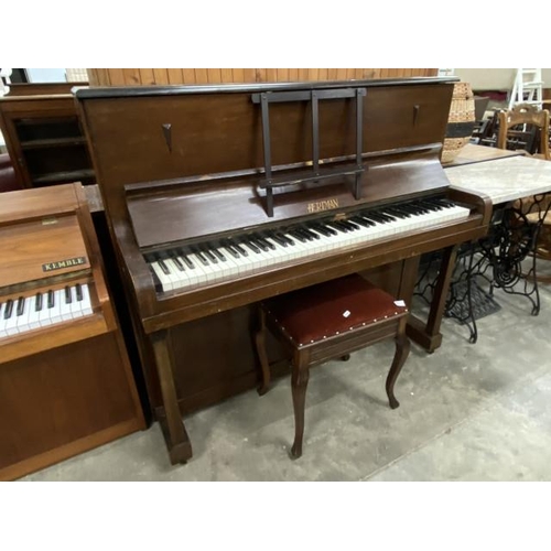 174 - Mahogany framed ‘Hertman’ upright piano 122H 135W 60D and a mahogany piano stool