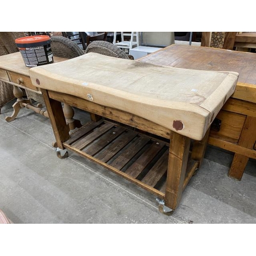 178 - Antique butchers block on a later base with pot shelf (from the kitchens of Fowberry Tower, Chatton,... 