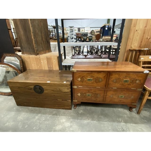 184 - Military style walnut media cabinet with 2 doors and one drawer 68H 91W 45D and an Oriental fruitwoo... 