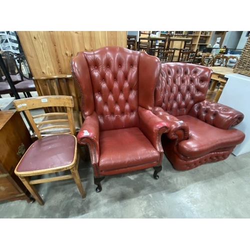 186 - Red leather button back Chesterfield wing armchair 76W and a red leather button back Chesterfield ar... 