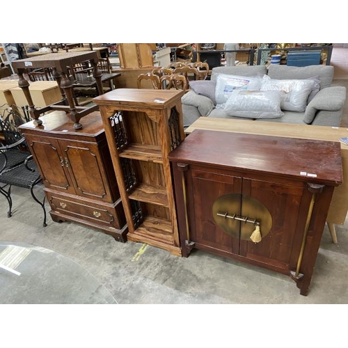 191 - Mahogany media cupboard 96H 78W 46D, Bergere and mahogany stool 46H 45W 35D, Mexican pine bookcase 1... 