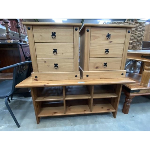 195 - Pair of Mexican pine bedside chests 51H 54W 38D and a pine coffee table 53H 119W 59D