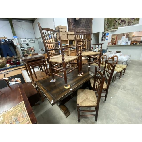 214 - Oak refectory table 76H 178W 84D and 6 spindle back chairs