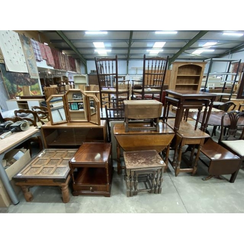 221 - Assorted furniture including a Mexican pine lamp table 41H 61W 61D, an oak drop leaf table 73H 90W 4... 