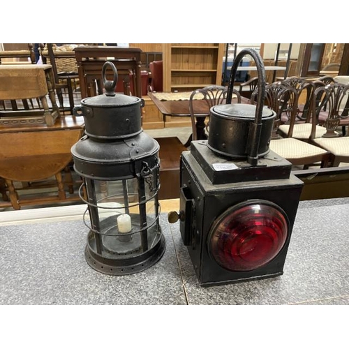 265 - Railway oil lamp & circa. 1900 iron candle lantern