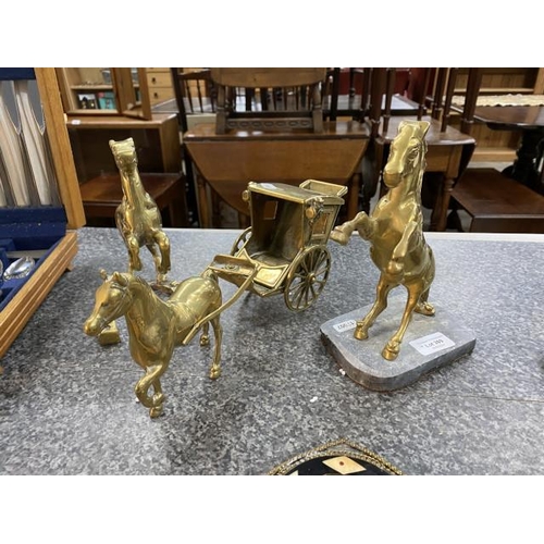 269 - 3 brass horses inc. horse & carriage