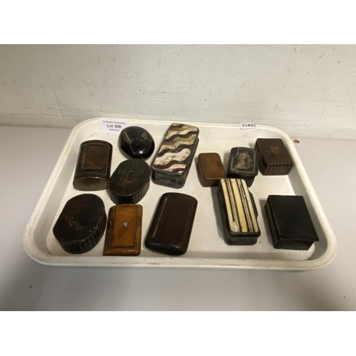 308 - 12 antique snuff boxes inc. ebony, walnut etc. (Some in need of restoration)