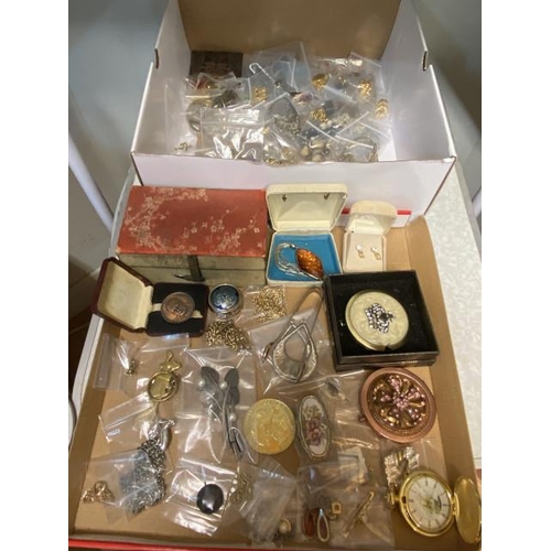 310 - Collection of costume jewellery, enamel badges, cufflinks, 2 compacts, pill box, sugar tongs, reprod... 