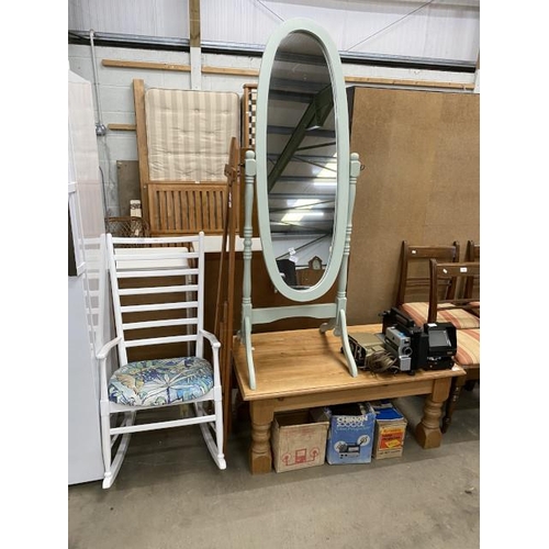 33 - Pine coffee table 45H 108W 57D, white rocking chair 51W and a painted pine cheval mirror 152H 50W 50... 