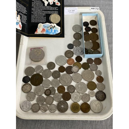 341 - Tray of mixed coins & tokens inc. Denmark 2 Skilling Christian V, 1870 Queen Victoria Ceylon one cen... 