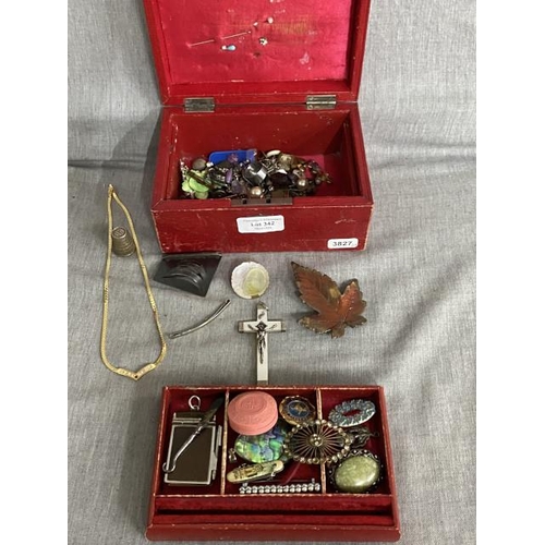 342 - Victorian jewellery box containing jewellery & collectables inc. charms, silver, paste, costume etc.