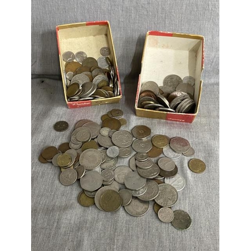 343 - 2 boxes of mixed coins inc. foreign, silver, tokens, British etc.