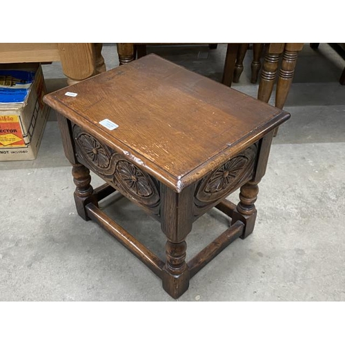 35 - 17th century style carved oak box stool 43W 38H 34D