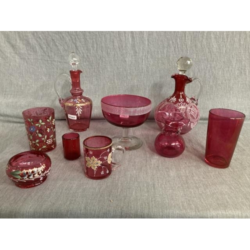 354 - 9 pieces of cranberry glass inc. 5 pieces decorated with enamel