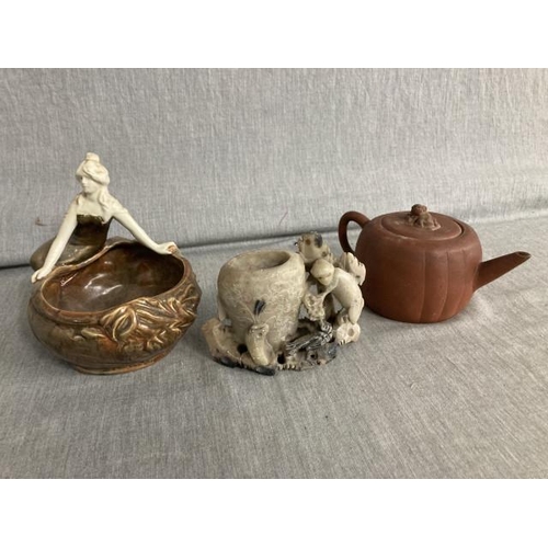 357 - Carved oriental soapstone brush pot, art nouveau dish and an oriental red ware teapot