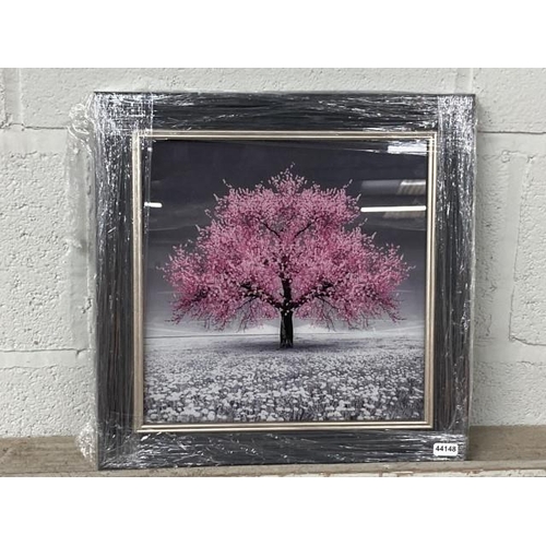 367 - Framed Blossom tree print on glass 38cm square NEW