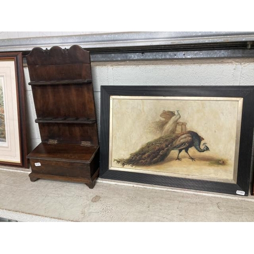 369 - 19th century framed oil on panel of a Peacock 38x55cm & Georgian style mahogany spoon rack 26W 50H 1... 