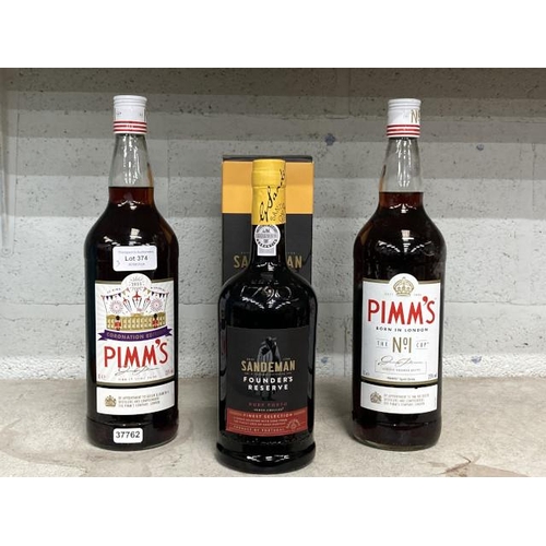 374 - 2 1L bottles of Pimms No1 and Coronation Edition 2023 and a boxed 75cl bottle of Sandeman Founder's ... 